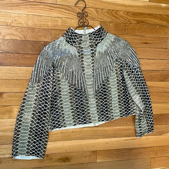 Silk beaded Long sleeve turtle neck top zips on the back crafted by designer TWP - Picture 1 of 1